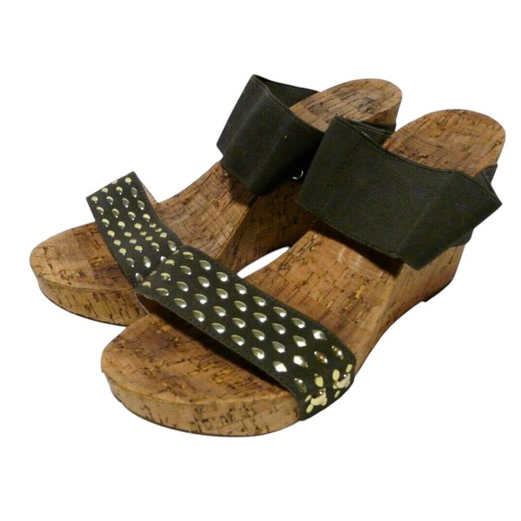 Cato Est 1946 Wedge Sandals Womens Size 10‎ Cork Brown Gold Stretch 4" Heel - Picture 1 of 9